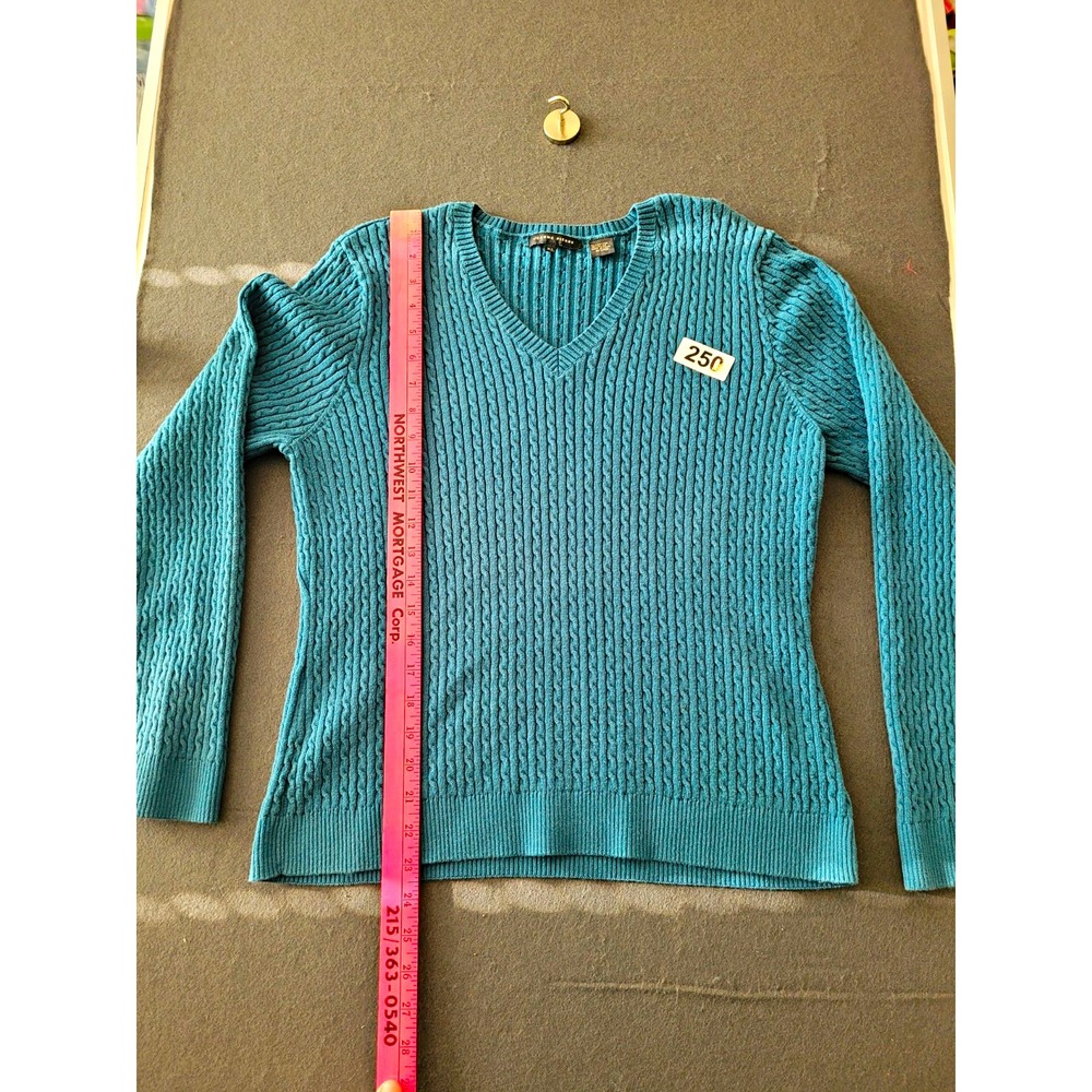 Jeanne Pierre Blue Solid Knit V-Neck Cable-Knit Pullover Sweater Womens XL